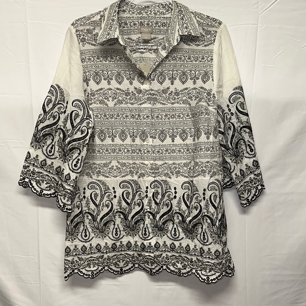 NWT Chico's Black & White Embroidered Paisley Tunic Top Size M - Picture 2 of 4